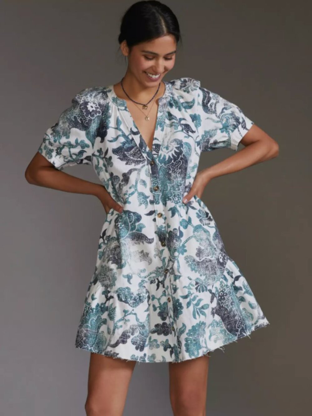 Pilcro Anthropologie Floral Cotton Puff Sleeve Raw Edge Button V-Neck Dress, XXS